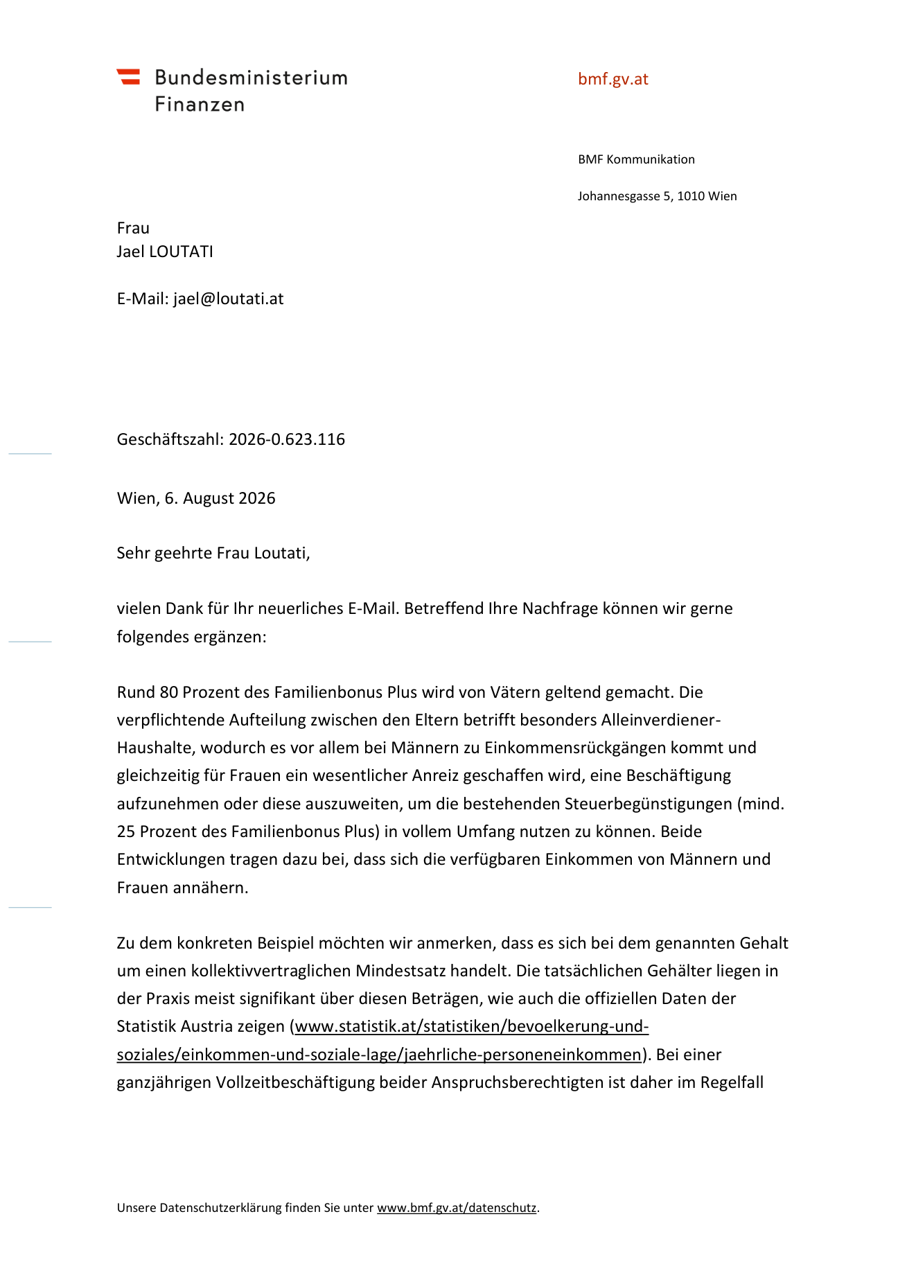 Schreiben des Bundesministeriums für Finanzen an Jael Loutati, Seite 1